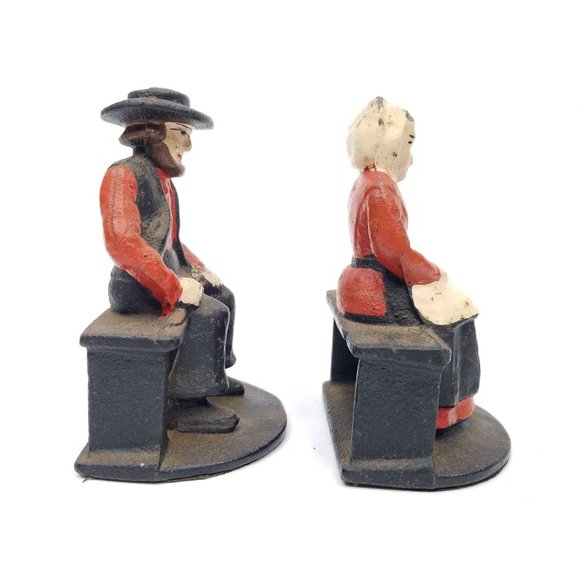Vintage Cast Iron Amish Man Woman Bookends Pioneer - Picture 7 of 11